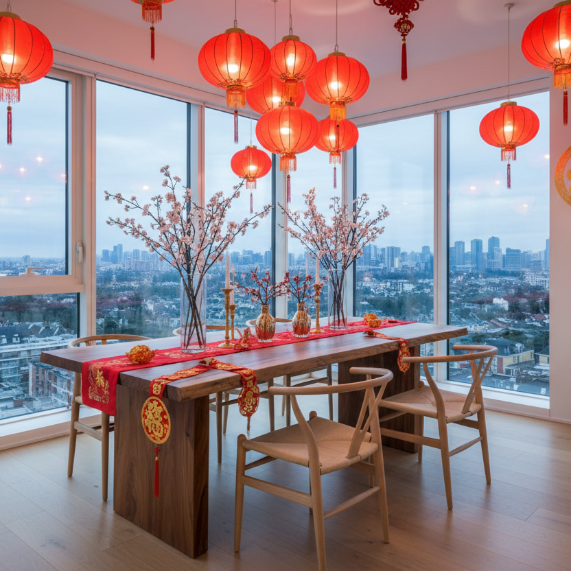 Chinese New Year Festive Decoration with live edge solid wood  scandinavian dining table with 6  sandinavian chairs in a  modern dining room with paranomic window view